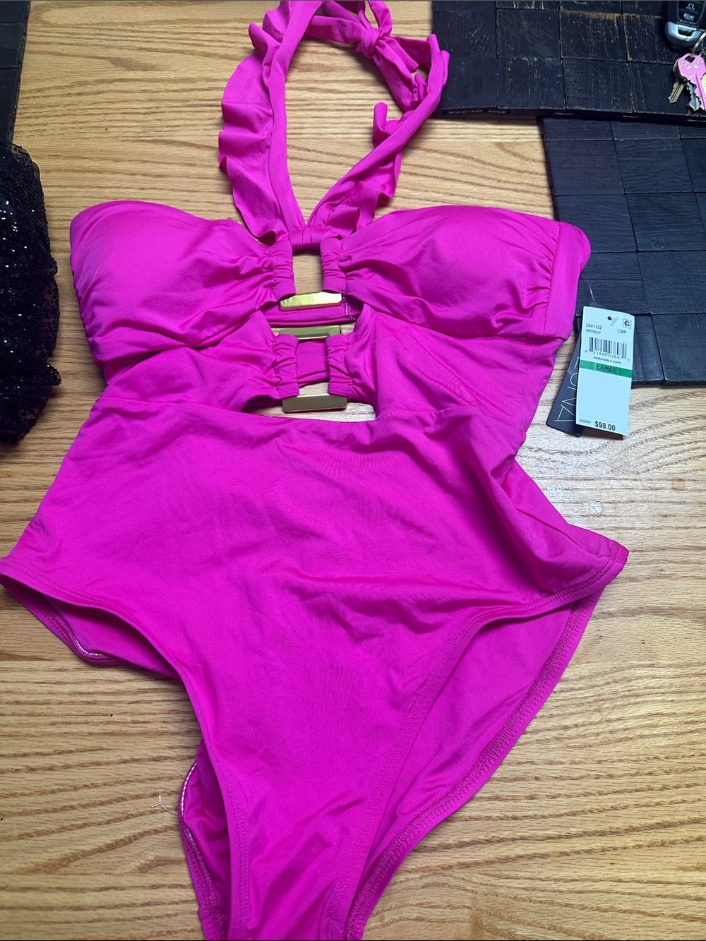Ruffle Halter One-Piece Swimsuit in Hot Pink